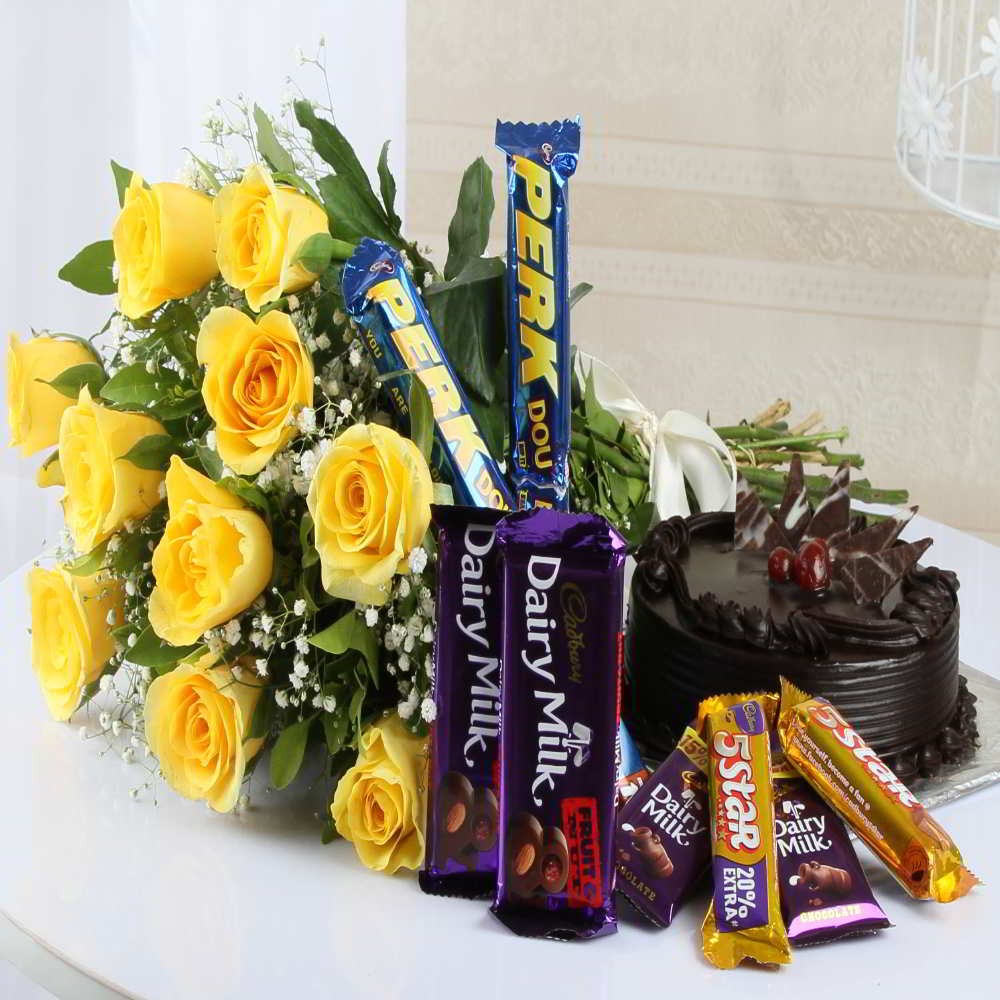 Yellow roses with chocolates and Cake